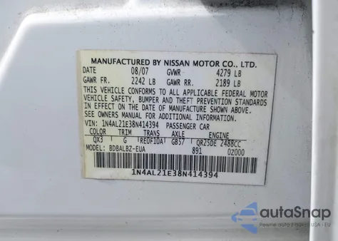 2008 Nissan Altima 2.5 S z USA, uszkodzony, nr VIN 1N4AL21E38N414394